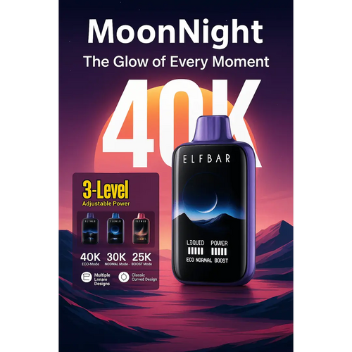 Elfbar MoonNight vape device with power levels and branding on a scenic background