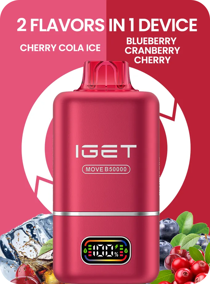 Red vape device with 'IGET' branding on a pink background with fruit graphics.