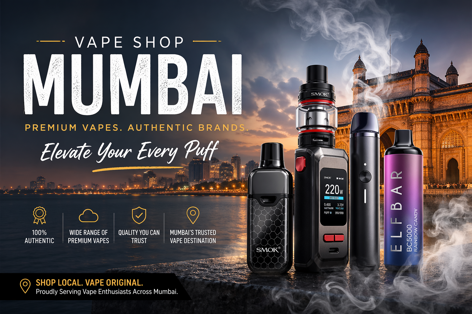 Vape products displayed with a cityscape and architectural structure in the background, labeled 'Vape Shop Mumbai'.